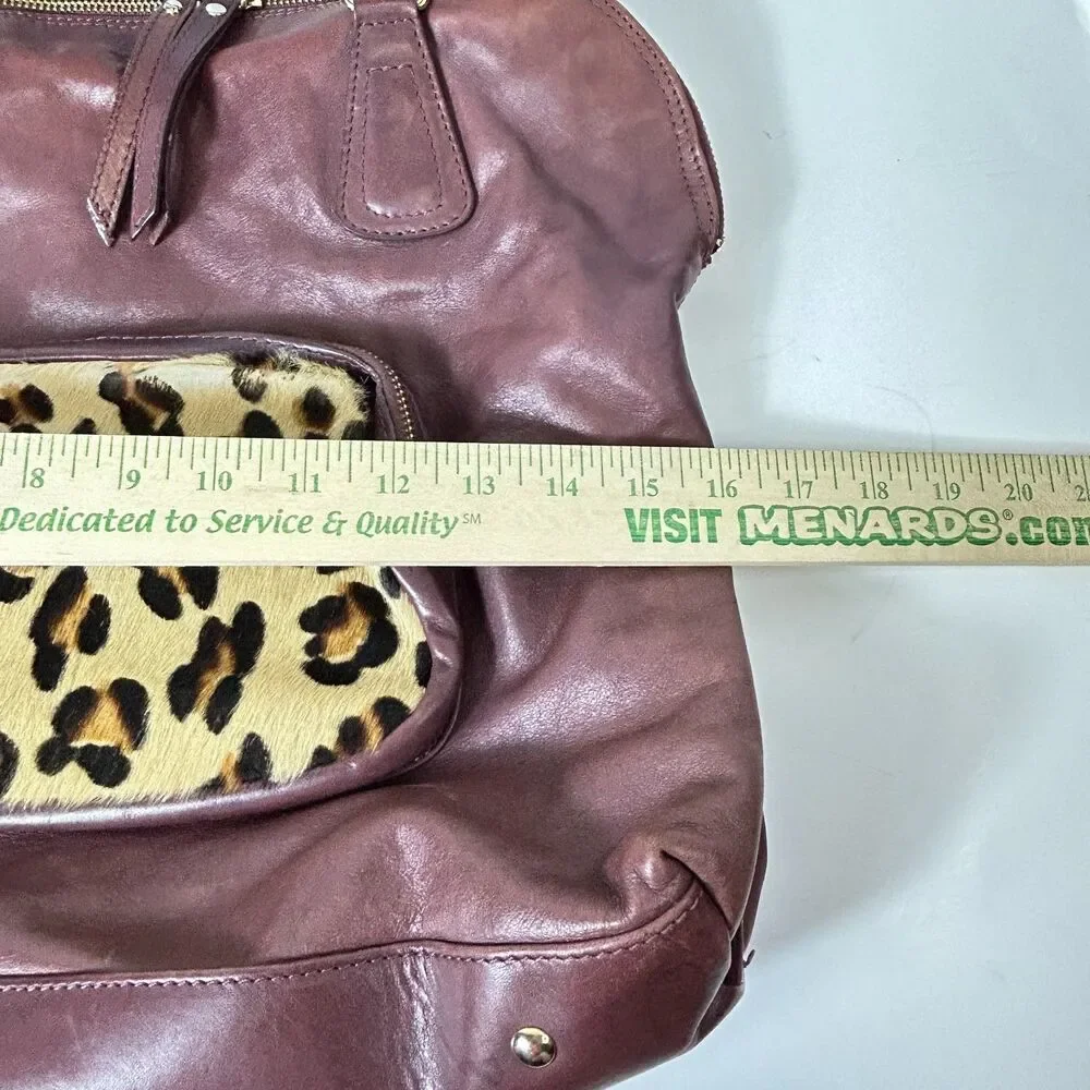 Rosella D Burgundy Leather Animal Print Calf Hair Large Satchel Shoulder Bag
